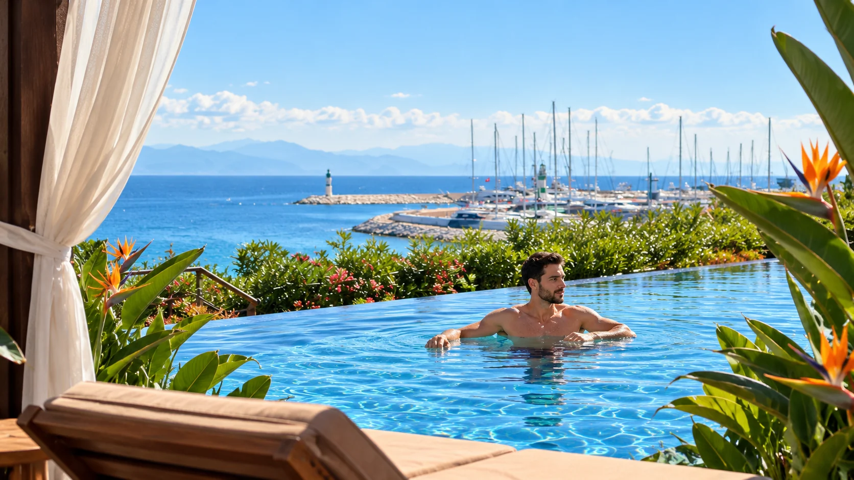 Cabana ve starliçeler arasından havuz ve marina manzarası